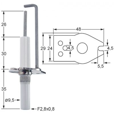 Electrod de aprindere, latime flansa 1 : 29mm, latime flansa 2 : 20mm, D1 Ø 9,5 mm, L1 26mm, BL1 30mm - Cod 101783
