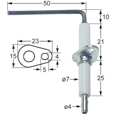 Electrod de aprindere, lungime 23mm, latime flansa 15mm, D1 ø7mm, L1 - 10mm, L2 - 50mm - Cod 101789