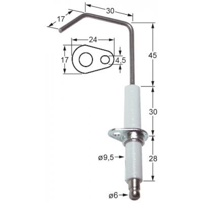 Electrod de aprindere, lungime flansa 24mm, latime flansa 17mm, D1 ø 9,5 mm, L1 45mm, L2 30mm - Cod 102169