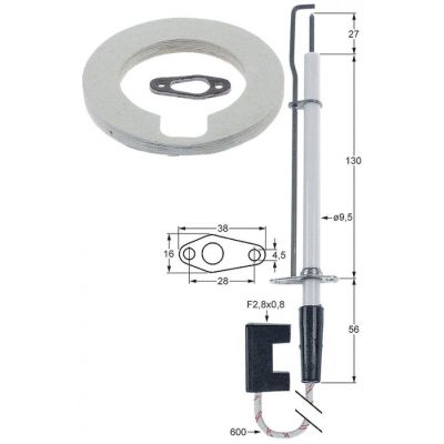 Electrod de aprindere, flansa 38 x 17 mm, ø 9,5 mm, cablu 600 mm - 102884