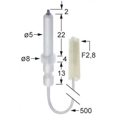ignition electrode D1 ø 5mm cable length 500mm connection male faston 2,8mm D2 ø 8mm L1 2mm