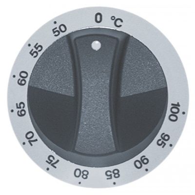 knob thermostat t.max. 100°C ø 77mm shaft ø 6x4,6mm shaft flat bottom white/black