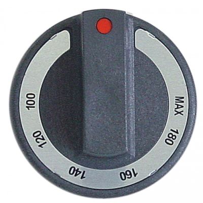 knob thermostat t.max. 180°C ø 77mm shaft ø 6x4,6mm shaft flat upper black