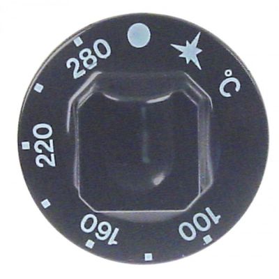 Buton termostat 100-280 °C, diametru ø 55 mm, ax ø 10 x 8 mm, cu tesitura sus - 111623