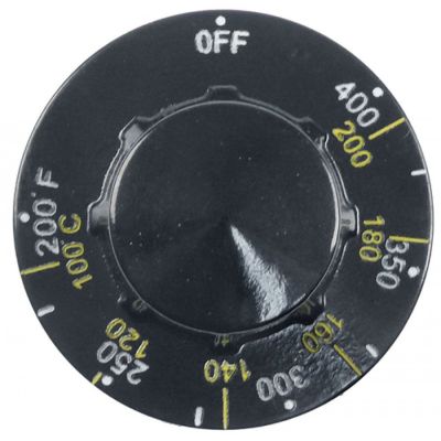 knob thermostat shaft ø 6,4x4,8mm temperature range 100-200°C shaft flat lower black