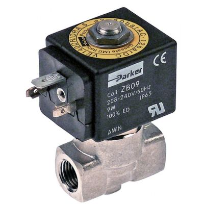 Electrovalva din Inox, Parker VE-140, 230 V, racorduri ¼" mm, deschidere nominala 3 mm, L 40 mm, bobina ZB09 - 370141