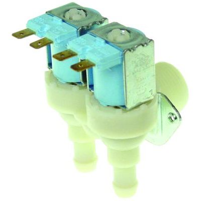Electrovalva dubla unghiulara 230V, intrare ¾", iesiri 11,5 mm, t.max. 90°C, reductii iesiri 0,5 L/min si 0,8 L/min - 370435