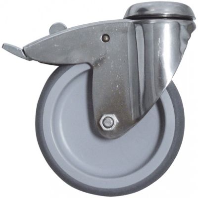 Roata castor ø 125 pivotata cu frana, montare ø 11 mm, greutate maxima 100 kg, inox, cu rulment - 700276